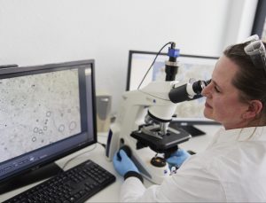 scientist handing a microscope and working on the computer
