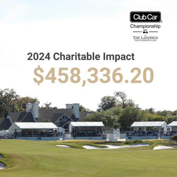 image of green grass area like golf court with houses in the background and text reading 2024 charitable impact $458336.20