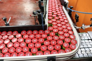 A high-angle shot of a conveyor belt in a factory, showing rows of glass jars filled with pesto sauce. Each jar is sealed with a red lid featuring a white logo. | Platinum Equity