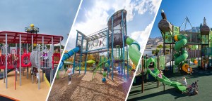 Collage of outdoor play structures showing slides, climbing frames, swings, and children using different playground equipment in various park settings. | Platinum Equity